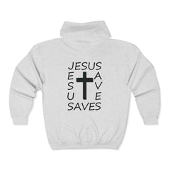 Heavy Blend™ Full Zip Hoodie Print on Back "Jesus Saves" black graphic