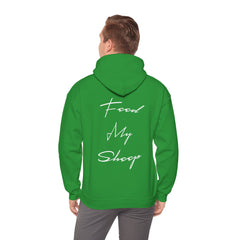 Heavy Blend Hooded Sweatshirt "Feed My Sheep" White Font Print on Back