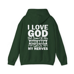 Heavy Blend Hoodie Sweatshirt "I Love God" white graphic print on back