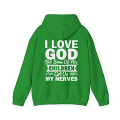 Heavy Blend Hoodie Sweatshirt "I Love God" white graphic print on back
