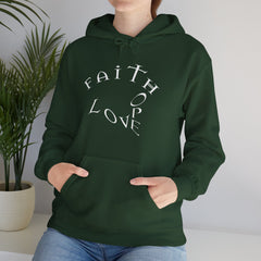 Heavy Blend Hooded Sweatshirt "Faith Hope Love" white font