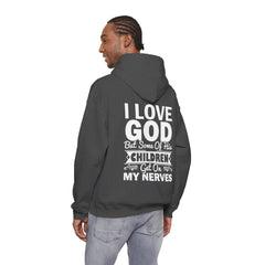 Heavy Blend Hoodie Sweatshirt "I Love God" white graphic print on back