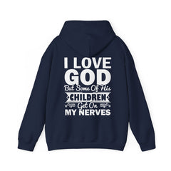 Heavy Blend Hoodie Sweatshirt "I Love God" white graphic print on back