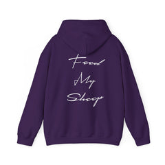 Heavy Blend Hooded Sweatshirt "Feed My Sheep" White Font Print on Back
