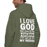 Heavy Blend Hoodie Sweatshirt "I Love God" white graphic print on back