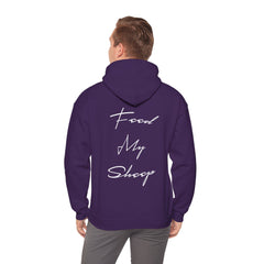 Heavy Blend Hooded Sweatshirt "Feed My Sheep" White Font Print on Back