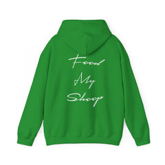 Heavy Blend Hooded Sweatshirt "Feed My Sheep" White Font Print on Back