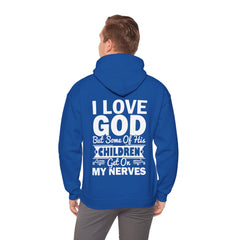 Heavy Blend Hoodie Sweatshirt "I Love God" white graphic print on back