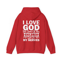 Heavy Blend Hoodie Sweatshirt "I Love God" white graphic print on back