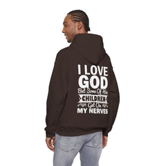 Heavy Blend Hoodie Sweatshirt "I Love God" white graphic print on back