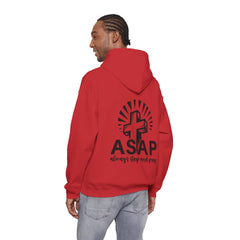 Heavy Blend Hooded Sweatshirt "ASAP" Printed on Back Black font