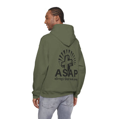 Heavy Blend Hooded Sweatshirt "ASAP" Printed on Back Black font