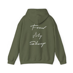 Heavy Blend Hooded Sweatshirt "Feed My Sheep" White Font Print on Back