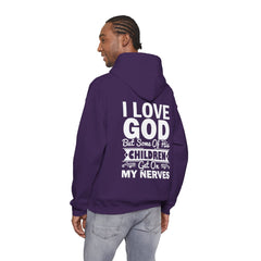 Heavy Blend Hoodie Sweatshirt "I Love God" white graphic print on back