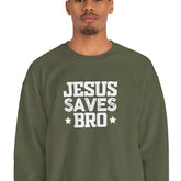 Heavy Blend Crewneck Sweatshirt "Jesus Saves Bro" white graphic