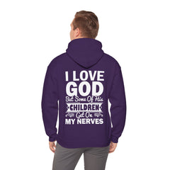 Heavy Blend Hoodie Sweatshirt "I Love God" white graphic print on back