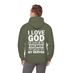 Heavy Blend Hoodie Sweatshirt "I Love God" white graphic print on back