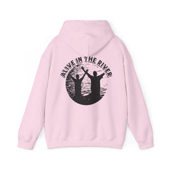 Heavy Blend Hooded Sweatshirt "Alive in the River" Printed on Back Black Font