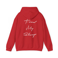 Heavy Blend Hooded Sweatshirt "Feed My Sheep" White Font Print on Back