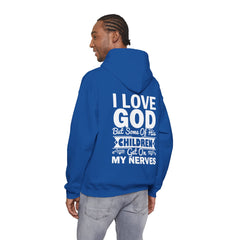Heavy Blend Hoodie Sweatshirt "I Love God" white graphic print on back