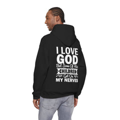 Heavy Blend Hoodie Sweatshirt "I Love God" white graphic print on back