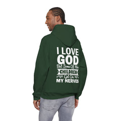 Heavy Blend Hoodie Sweatshirt "I Love God" white graphic print on back