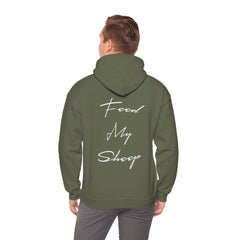 Heavy Blend Hooded Sweatshirt "Feed My Sheep" White Font Print on Back