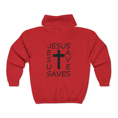 Heavy Blend™ Full Zip Hoodie Print on Back "Jesus Saves" black graphic