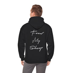 Heavy Blend Hooded Sweatshirt "Feed My Sheep" White Font Print on Back