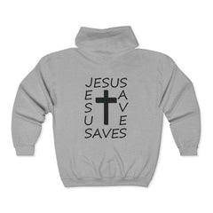 Heavy Blend™ Full Zip Hoodie Print on Back "Jesus Saves" black graphic