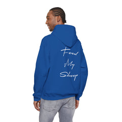 Heavy Blend Hooded Sweatshirt "Feed My Sheep" White Font Print on Back