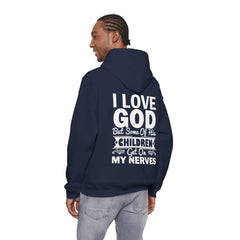Heavy Blend Hoodie Sweatshirt "I Love God" white graphic print on back