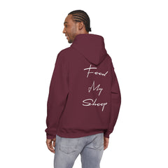 Heavy Blend Hooded Sweatshirt "Feed My Sheep" White Font Print on Back