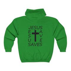Heavy Blend™ Full Zip Hoodie Print on Back "Jesus Saves" black graphic