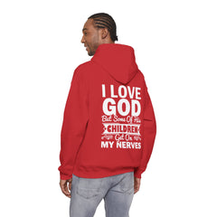 Heavy Blend Hoodie Sweatshirt "I Love God" white graphic print on back