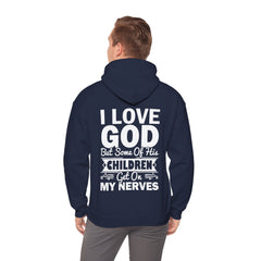 Heavy Blend Hoodie Sweatshirt "I Love God" white graphic print on back