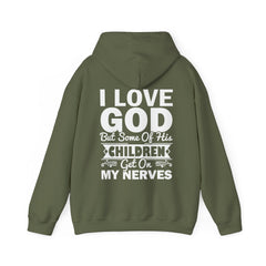 Heavy Blend Hoodie Sweatshirt "I Love God" white graphic print on back