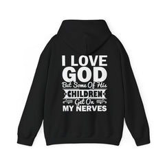 Heavy Blend Hoodie Sweatshirt "I Love God" white graphic print on back