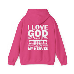 Heavy Blend Hoodie Sweatshirt "I Love God" white graphic print on back