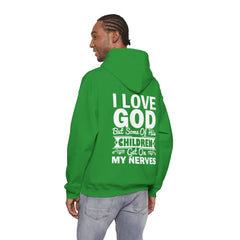 Heavy Blend Hoodie Sweatshirt "I Love God" white graphic print on back