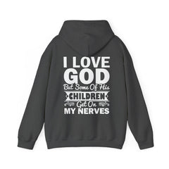 Heavy Blend Hoodie Sweatshirt "I Love God" white graphic print on back