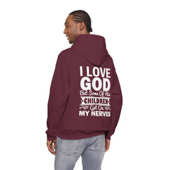 Heavy Blend Hoodie Sweatshirt "I Love God" white graphic print on back