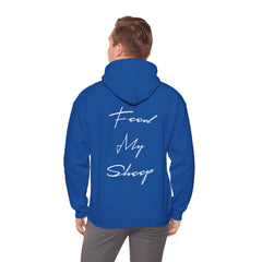 Heavy Blend Hooded Sweatshirt "Feed My Sheep" White Font Print on Back