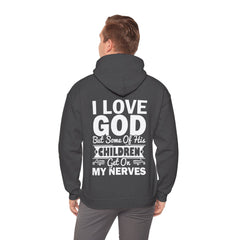 Heavy Blend Hoodie Sweatshirt "I Love God" white graphic print on back