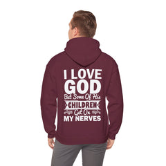 Heavy Blend Hoodie Sweatshirt "I Love God" white graphic print on back