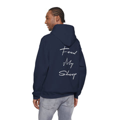 Heavy Blend Hooded Sweatshirt "Feed My Sheep" White Font Print on Back