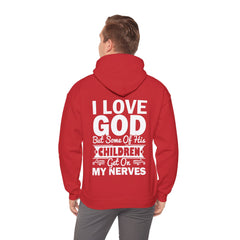Heavy Blend Hoodie Sweatshirt "I Love God" white graphic print on back