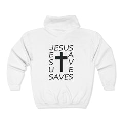 Heavy Blend™ Full Zip Hoodie Print on Back "Jesus Saves" black graphic
