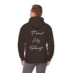 Heavy Blend Hooded Sweatshirt "Feed My Sheep" White Font Print on Back