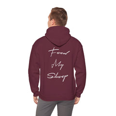 Heavy Blend Hooded Sweatshirt "Feed My Sheep" White Font Print on Back